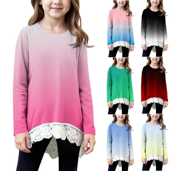 HAOTAGS Teen Girls Tops with Lace Hem(4-15), Long Sleeve Round Neck Gradient Color Pullovr Tops Green 12-13Years