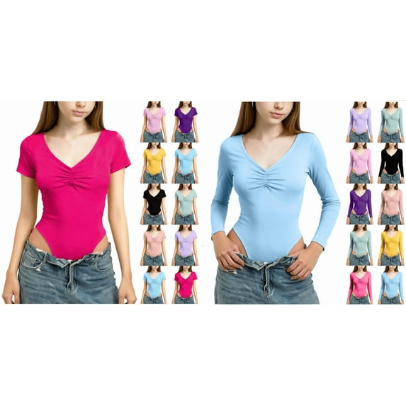 HAOTAGS Teen Girls V-Neck Long-Sleeve Leotard(3-15), Casual Sporty Spring Summer Base-Layer Top Hot Pink 9-10Years