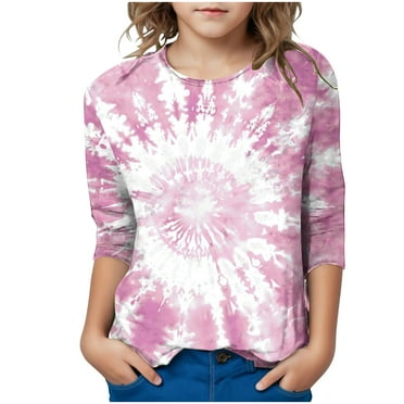 HAOTAGS Tie Dye Print Tshirts for Toddler Boys Girls（3-12Years） Fashion 3/4 Sleeve Crew Neck Tee for Spring Summer Pink Size 5 Years