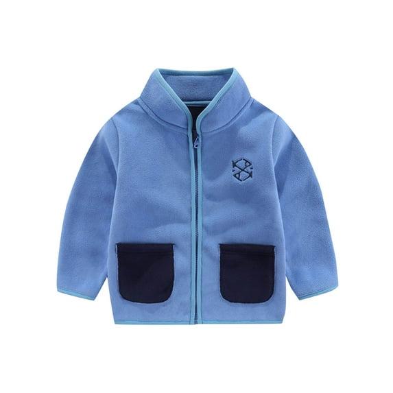 HAOTAGS Toddfler Color Block Fleece Jacket,Casual Winter Warm Unisex Fleece Outerwear Leather Jacket Blue 1-2Years