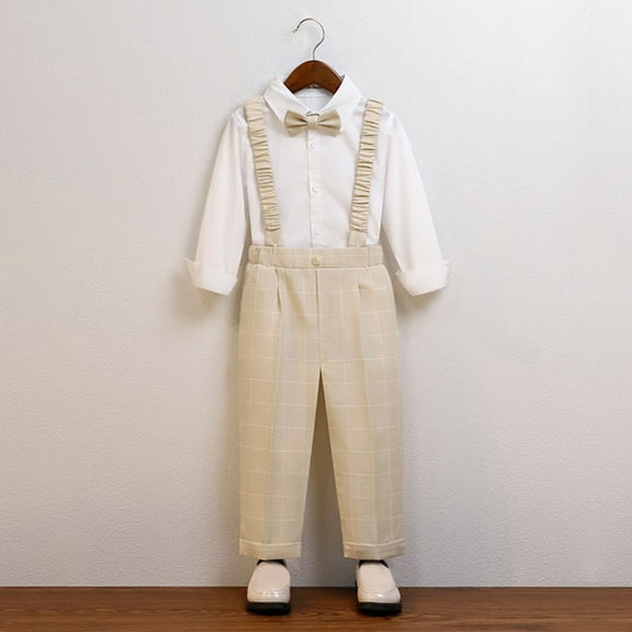 HAOTAGS Toddler Baby Boys' Dress Pants, Elastic Waist Straight Leg School Uniform Straps Pants Trousers Khaki 6-12 Months