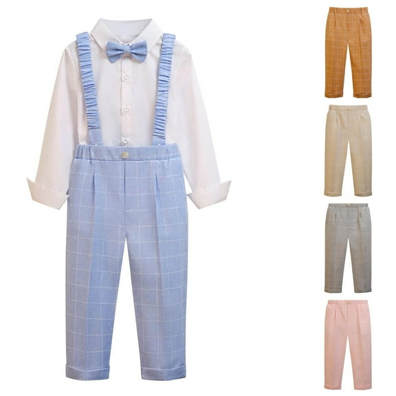 HAOTAGS Toddler Baby Boys' Dress Pants, Straight Leg School Uniform Elastic Waist Straps Pants Trousers Blue 2-3T