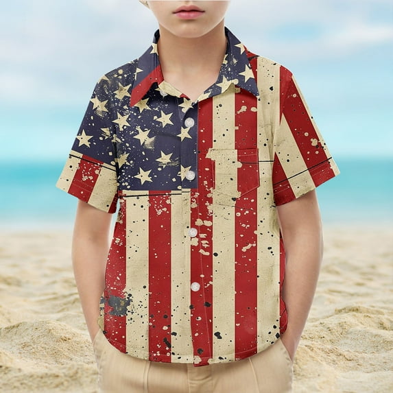HAOTAGS Toddler Boy 4th of July Vintage Shirts American Flag Short Sleeve Button Lapel Dress Shirt Gentlemen Tee Tops Multicolor Size 10 Years