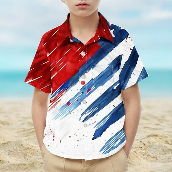 HAOTAGS Toddler Boy 4th of July Vintage Shirts American Flag Short Sleeve Button Lapel Dress Shirt Gentlemen Tee Tops Multicolor Size 12 Years