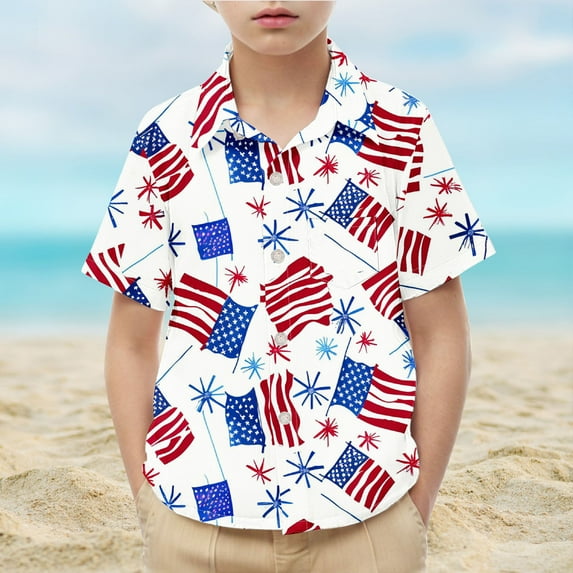 HAOTAGS Toddler Boy 4th of July Vintage Shirts American Flag Short Sleeve Button Lapel Dress Shirt Gentlemen Tee Tops Multicolor Size 5 Years