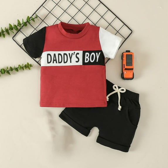 HAOTAGS Toddler Boy And Girls' 2 Piece Outfit Set, Color Block Round Neck Tee with Shorts Sets Red