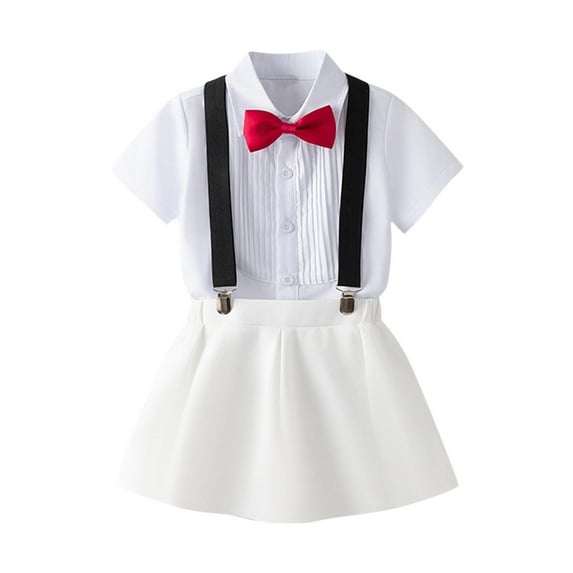 HAOTAGS Toddler Boy's School Uniform(1-12) Short Sleeve Button Down Shirt with Bow Tie Strap Shorts 2 Piece Outfit Set White Size 2 Years