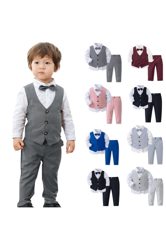 Toddler Boys 3-Piece Dress Suit Set(1-8Y), Long Sleeve Turn-Down Collar Shirt Vest Bowtie Formal Pants Outfit For School Wedding Party Dark Gray 0-1Years