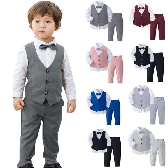 HAOTAGS Toddler Boys 3-Piece Dress Suit Set(1-8Y), Long Sleeve Turn-Down Collar Shirt Vest Bowtie Formal Pants Outfit For School Wedding Party Dark Gray 5-6Years