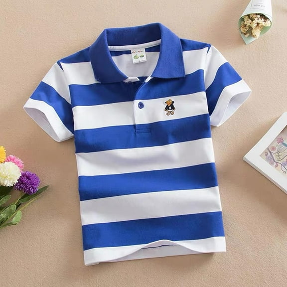 HAOTAGS Toddler Boys Blouses, Button Short Sleeve Striped T-shirt for Kids Blue 6 T