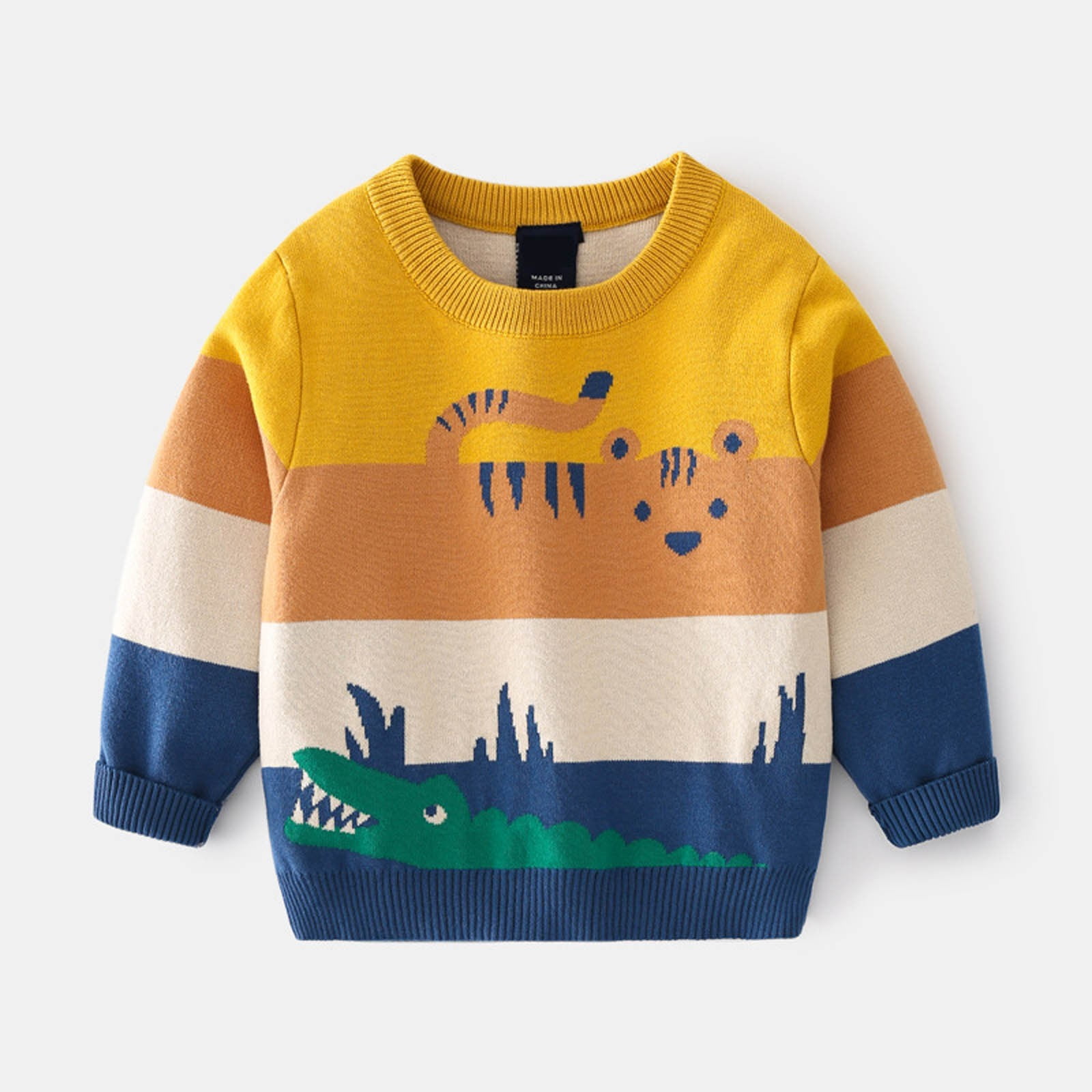 Spring Baby Kids Boys Letters and Cartoon Print Long Sleeves Crew Neck Color Patchwork Top