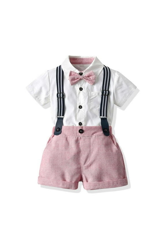 Toddler Boys Gentleman Outfit Little Boys Formal Short Set Short Sleeve Shirt with Suspender Strap Shorts Pink Size 5 Years