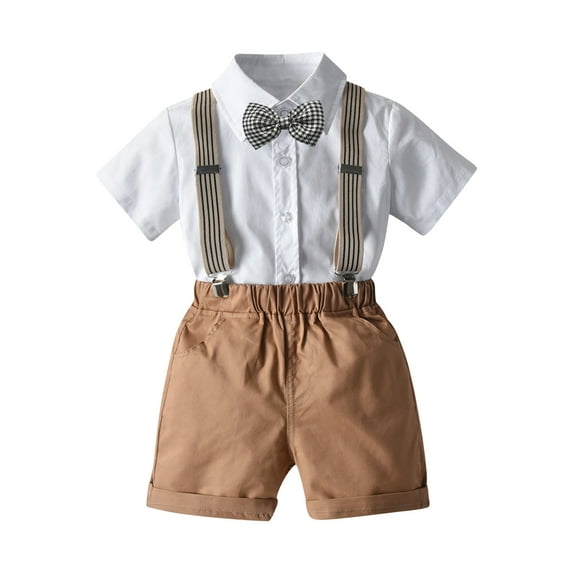 HAOTAGS Toddler Boys Gentleman Outfit Suits Infant Boys Short Pants Set Short Sleeve Shirt with Suspender Strap Shorts Khaki Size 3-4 Years