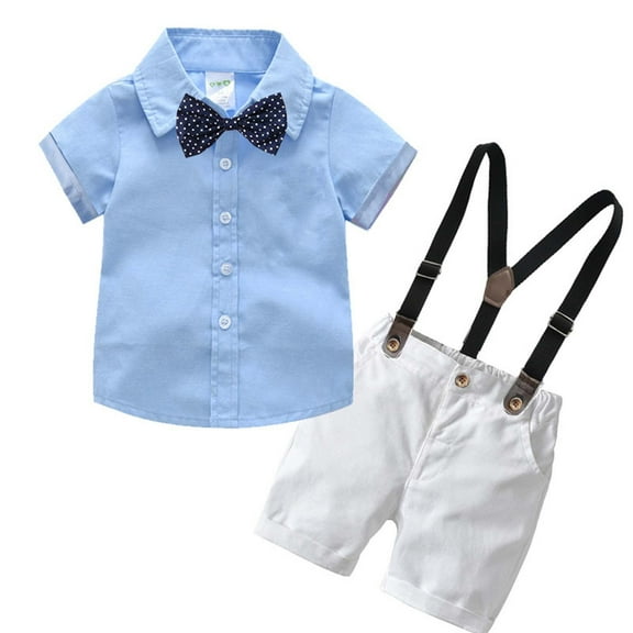 HAOTAGS Toddler Boys Gentleman Outfit Suits Infant Boys Short Pants Set Short Sleeve Shirt with Suspender Strap Shorts Light Blue Size 4-5 Years