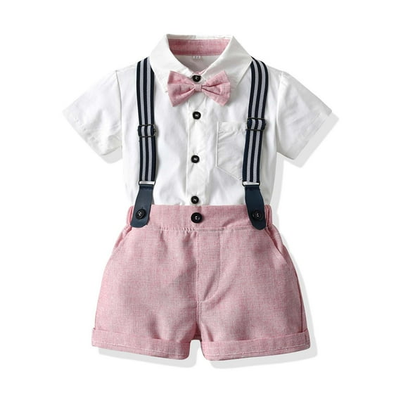 HAOTAGS Toddler Boys Gentleman Outfit Suits Infant Boys Short Pants Set Short Sleeve Shirt with Suspender Strap Shorts Pink Size 18-24 Months