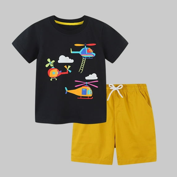 HAOTAGS Toddler Boys Girls 2 Piece Outfit Set, Summer 2024 Printed T-shirts with Plaid Shorts Set Black