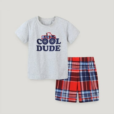HAOTAGS Toddler Boys Girls 2 Piece Outfit Set, Summer 2025 Short Sleeve T-shirts with Plaid Shorts Set Gray