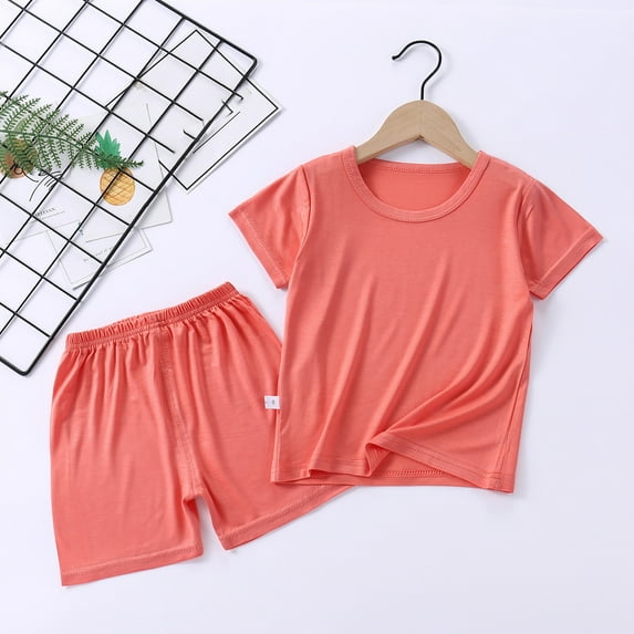 HAOTAGS Toddler Boys Girls Round Neck Short Sleeve T Shirt Solid Color High Waisted Shorts Set Orange Size 6-7 Years