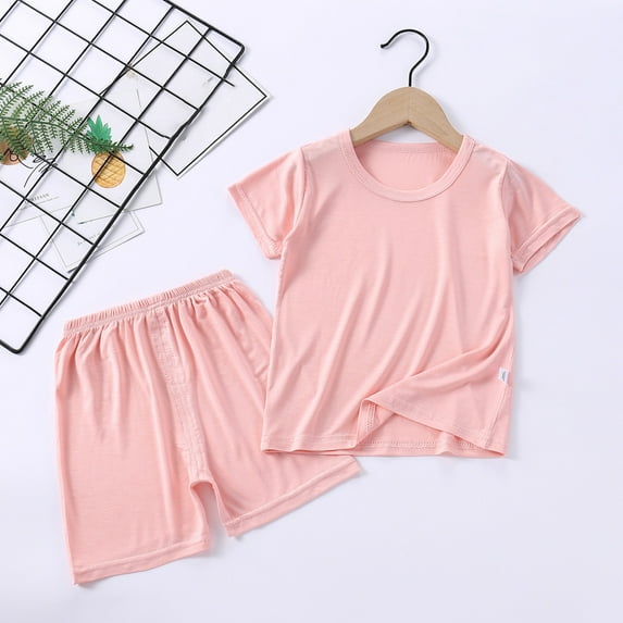 HAOTAGS Toddler Boys Girls Round Neck Short Sleeve T Shirt Solid Color High Waisted Shorts Set Pink Size 3-4 Years