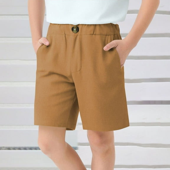 HAOTAGS Toddler Boys Girls Shorts, Summer Cotton Linen Shorts with Pockets Casual School Shorts Khaki 7-8Years