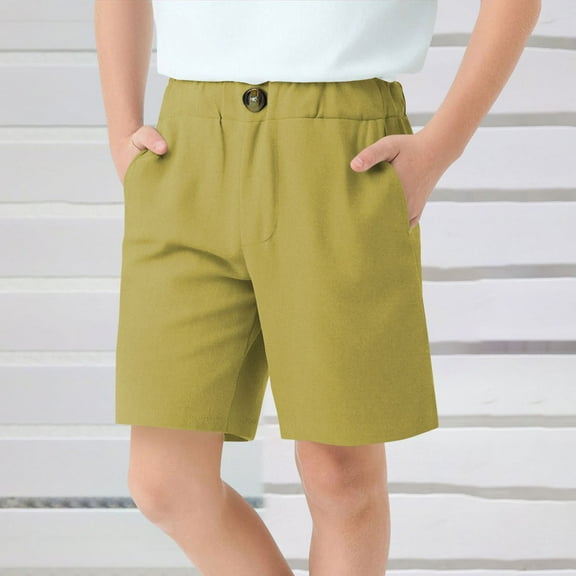 HAOTAGS Toddler Boys Girls Shorts, Summer Cotton Linen Shorts with Pockets Casual School Shorts Yellow 7-8Years