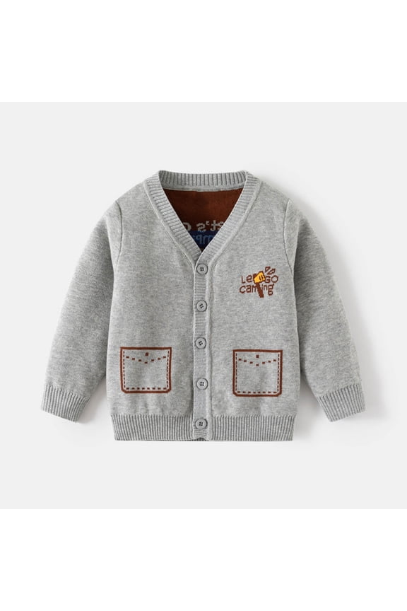 Toddler Boys Knitted Sweater, Lapel Graphic Print V-neck Casual Warm Cardigan Gray 5 T