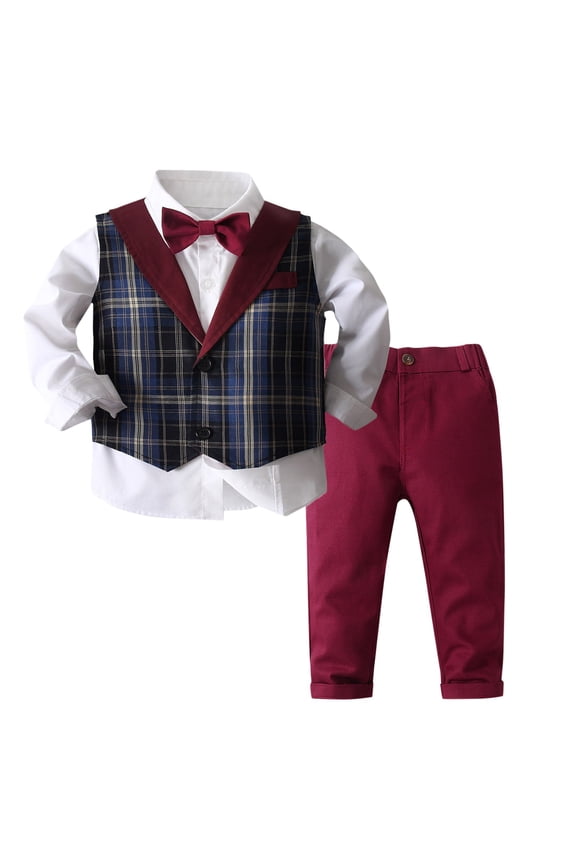 Toddler Boys Plaid 4-Piece Suit Sets, Wedding Shirt Set with Bow Tie Vest Pants Formal Vest Suit Red 4-5 Years