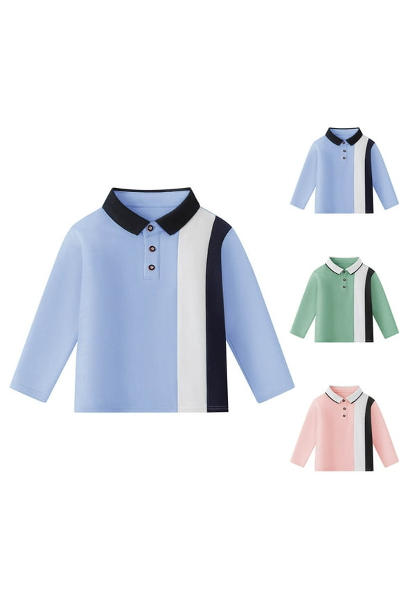 Toddler Boys Polo Shirt,with Patchwork School Uniform Long Sleeve Autumn Winter Shirts Light Blue 3-4Years