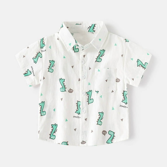 HAOTAGS Toddler Boys Shirts Short Sleeve Lapel Button Down Tops, Summer Graphic Print Shirts White 4 T