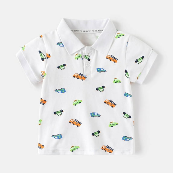 HAOTAGS Toddler Boys Shirts Short Sleeve Lapel Button Down Tops, Summer Graphic Print Shirts White 6 T