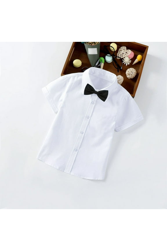 Toddler Boys Short Sleeve Button Down Shirt with Cute Bow Tie School Uniform Shirt Beige Size 8-9 Years
