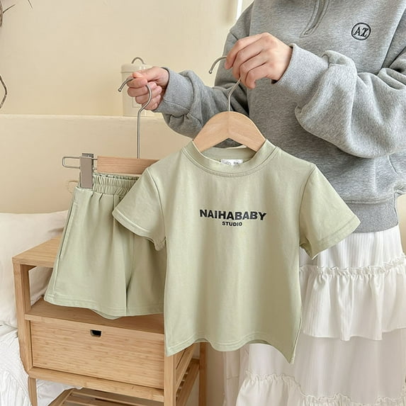 HAOTAGS Toddler Boys and Girls Short Sleeve Round-Neck Blouse, Casual T-shirt with Short Sets Green