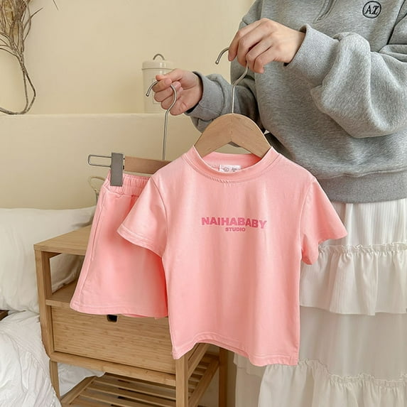 HAOTAGS Toddler Boys and Girls Short Sleeve Round-Neck Blouse, Casual T-shirt with Short Sets Pink