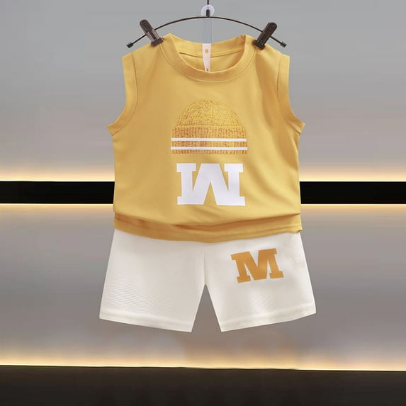 HAOTAGS Baby Boys Tank Top Outfit Set, Graphic Print Outdoor Shorts Set Yellow 2 T