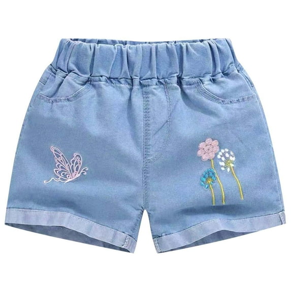 HAOTAGS Toddler Girl Denim Shorts, Lightweight Pockets Summer Cute Print Jeans Shorts for Girls Blue 5-6 T