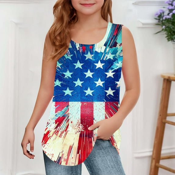 HAOTAGS Toddler Girls 4th of July Tank Tops Kids Flag Print Patriotic T-Shirts Sleeveless Tees Summer Clothes Multicolor Size 11-12 Years