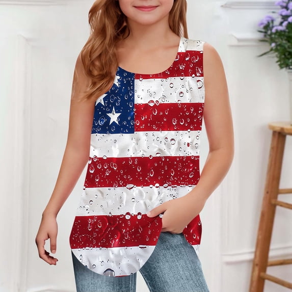 HAOTAGS Toddler Girls 4th of July Tank Tops Kids Flag Print Patriotic T-Shirts Sleeveless Tees Summer Clothes Multicolor Size 9-10 Years