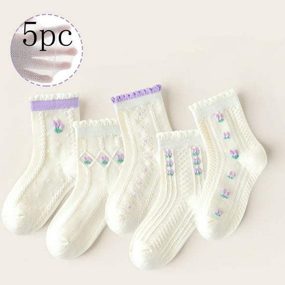 HAOTAGS Toddler Girls' Cotton Socks, Soft Breathable Printed 5 Pair Set Socks Purple 6 Years
