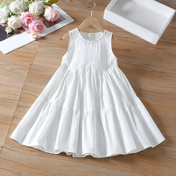 HAOTAGS Toddler Girls Dress Round Neck Sleeveless Summer Printed Summer Casual Dress White Size 10 Years