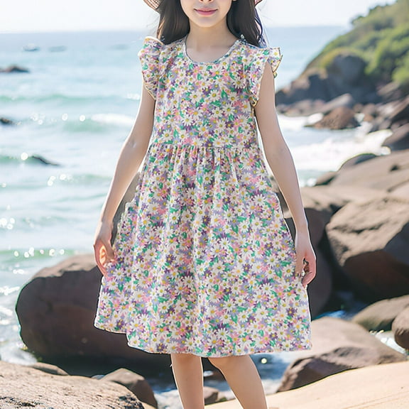 HAOTAGS Dress for Toddler Girls Round Neck Summer Prints Ruffle Sleeve Beach Dress Purple Size 2-3 Years