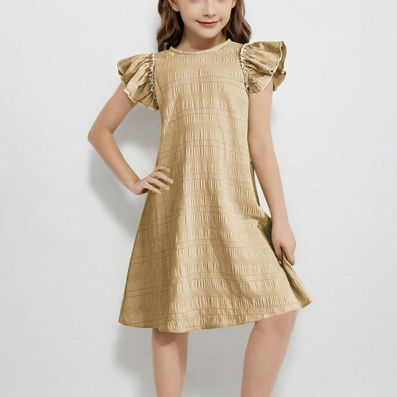 HAOTAGS Toddler Girls Dress Ruffle Sleeve Solid Color Round Neck Dress for Summer Khaki Size 6-7Years