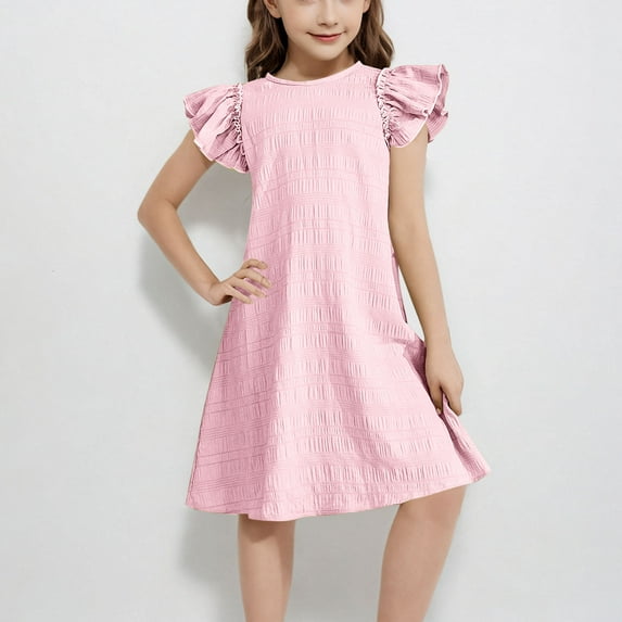 HAOTAGS Toddler Girls Dress Ruffle Sleeve Solid Color Round Neck Dress for Summer Pink Size 14-15 Years