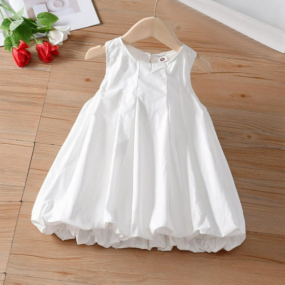 HAOTAGS Toddler Girls White Dress Summer Printed Round Neck Sleeveless Casual Dress Size 7 Years