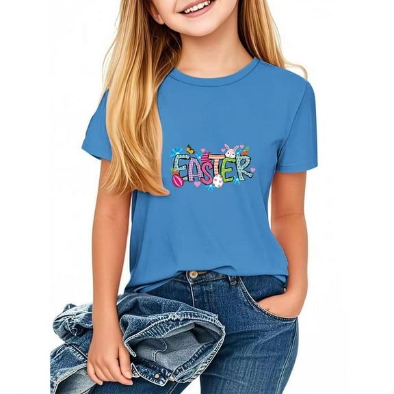 HAOTAGS Toddler Girls Easter Letter Print Tshirts Casual Short Sleeve Tees Summer Outfits Blue Size 5 Years