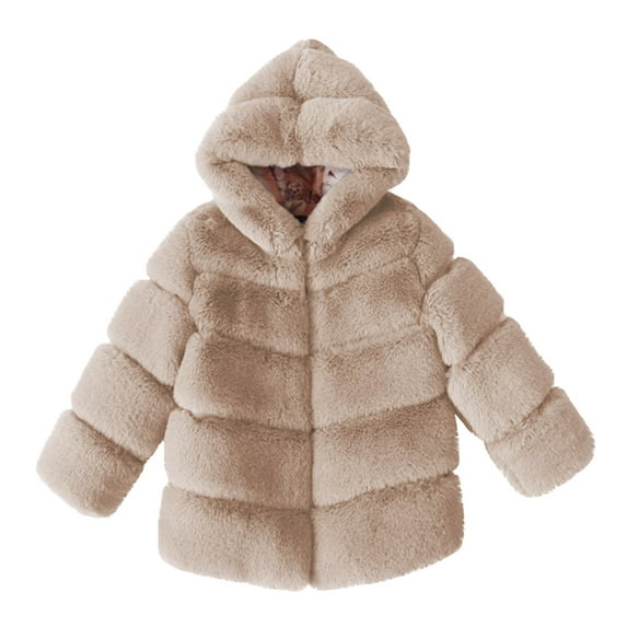 HAOTAGS Toddler Girls Faux Fur Coat,Thickened Hood Warm With Shoulder Winter Jacket Beige 5-6Years