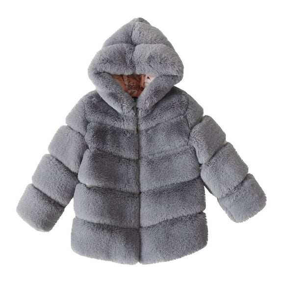 HAOTAGS Toddler Girls Faux Fur Coat,Thickened Hood Warm With Shoulder Winter Jacket Gray 3-4Years