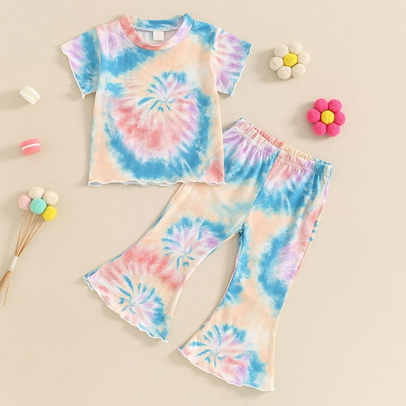 HAOTAGS Toddler Girls Fly Sleeve Top with Bell-bottomed Pants, Tie-dye Print 2 Piece Outfit Set for Kids Multicolor 12 Months