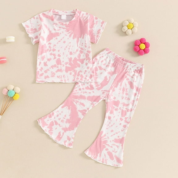 HAOTAGS Toddler Girls Fly Sleeve Top with Bell-bottomed Pants, Tie-dye Print 2 Piece Outfit Set for Kids Pink 4 T