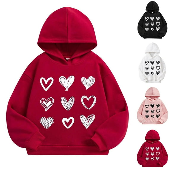 HAOTAGS Toddler Girls Hoodies, Long - Sleeve Round Neck with Heart Prints Casual Pullover Hoodie Sweatshirt for Boys Girls Red 2 Years