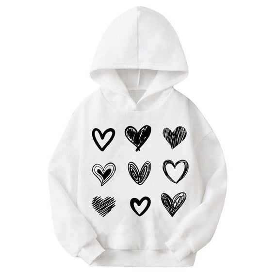 HAOTAGS Toddler Girls Hoodies, Long - Sleeve Round Neck with Heart Prints Casual Pullover Hoodie Sweatshirt for Boys Girls White 2 Years